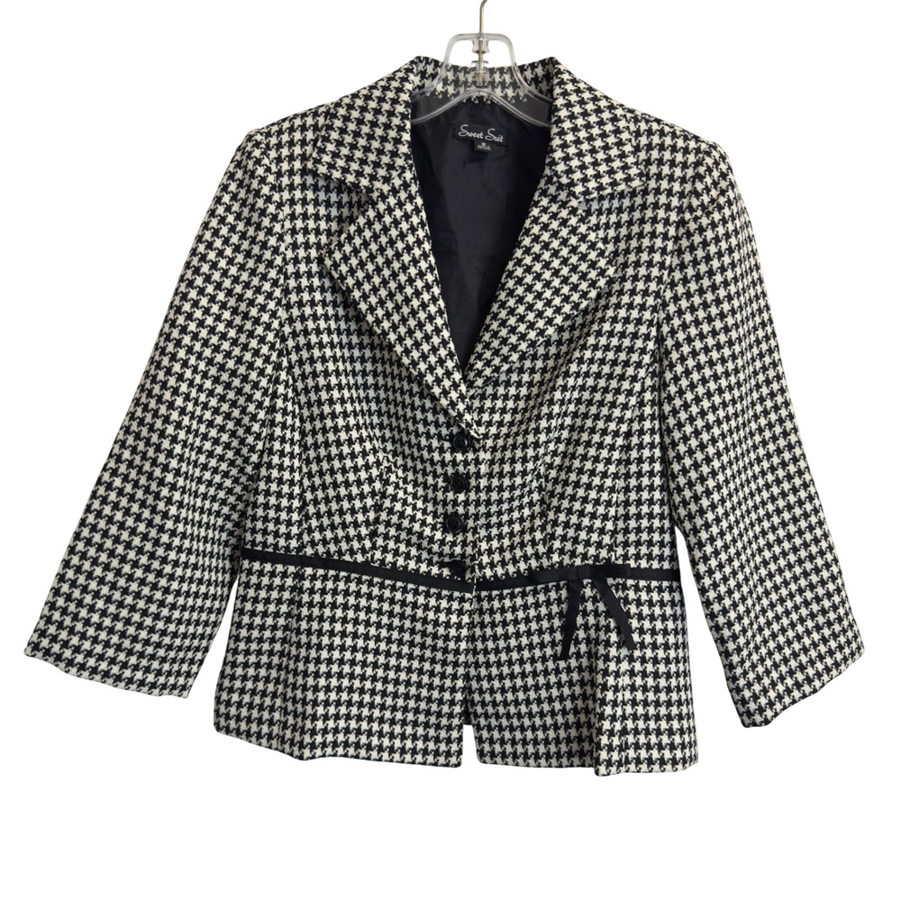 Sweet Suit Womens Black White Houndstooth Blazer Jacket Bow Accent Size 8